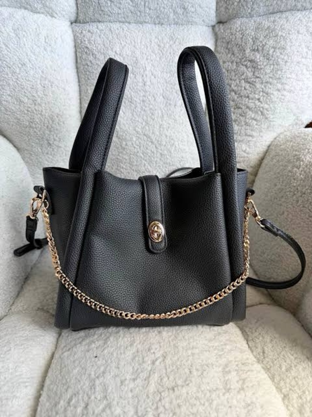 Classic Black Pebbled Shoulder Tote with Gold Chain Accent